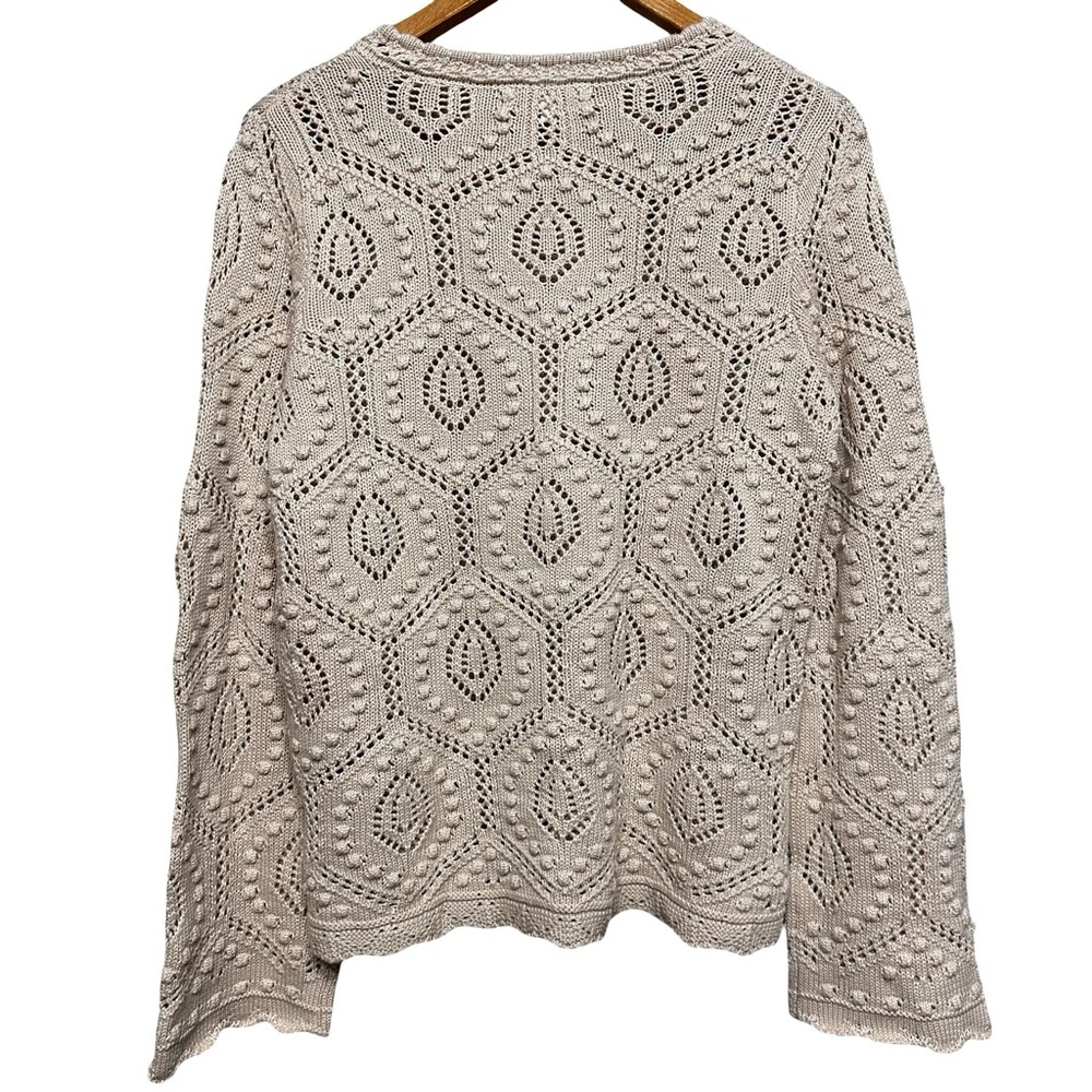 North Style Cream Textured Boho Knit Sweater Medium Long Sleeve Crochet Pullover - Picture 2 of 8